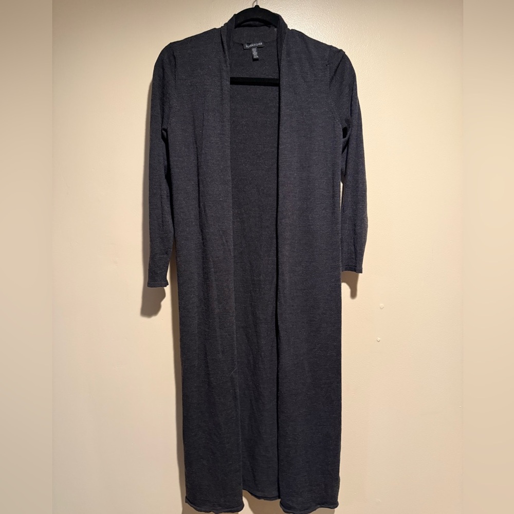 Eileen Fisher 100% Merino Wool charcoal grey Long Open Front Sweater Cardigan XS - Picture 2 of 5